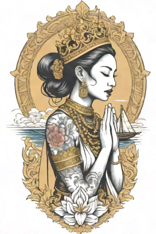Praying Maiden Wearing Thai Gold Crown Incorporate Sailboat In The Background