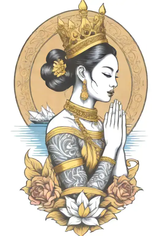 Praying Maiden Wearing Thai Gold Crown Incorporate Sailboat In The Background