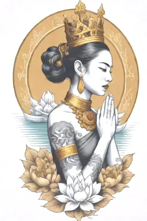 Praying Maiden Wearing Thai Gold Crown Incorporate Sailboat In The Background