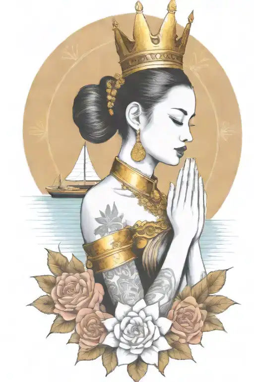 Praying Maiden Wearing Thai Gold Crown Incorporate Sailboat In The Background