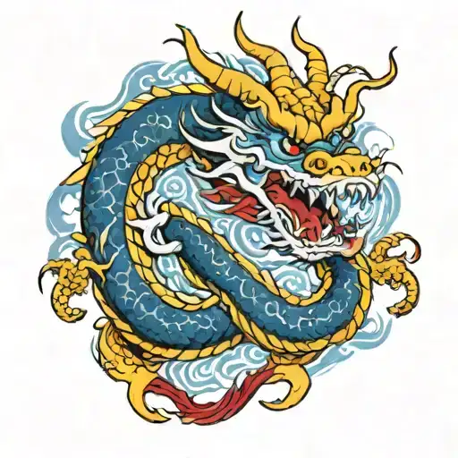 A Red And White Chinese Dragon Wraped Around A Blue And Yellow Snake