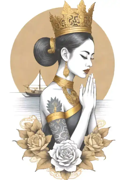 Praying Maiden Wearing Gold Thai Headress Incorporate Sailboat In The Background