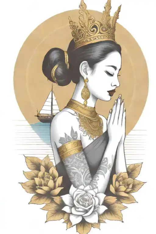 Praying Maiden Wearing Tall Gold Thai Headress Incorporate Sailboat In The Background