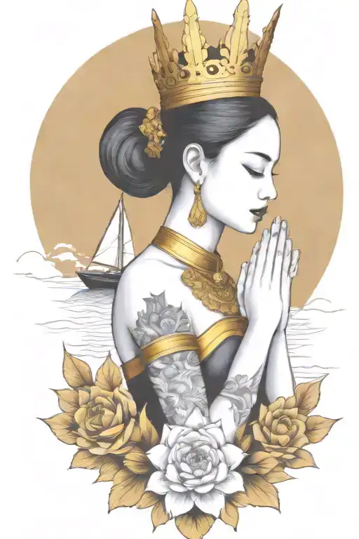 Praying Maiden Wearing Tall Gold Thai Headress Incorporate Sailboat In The Background