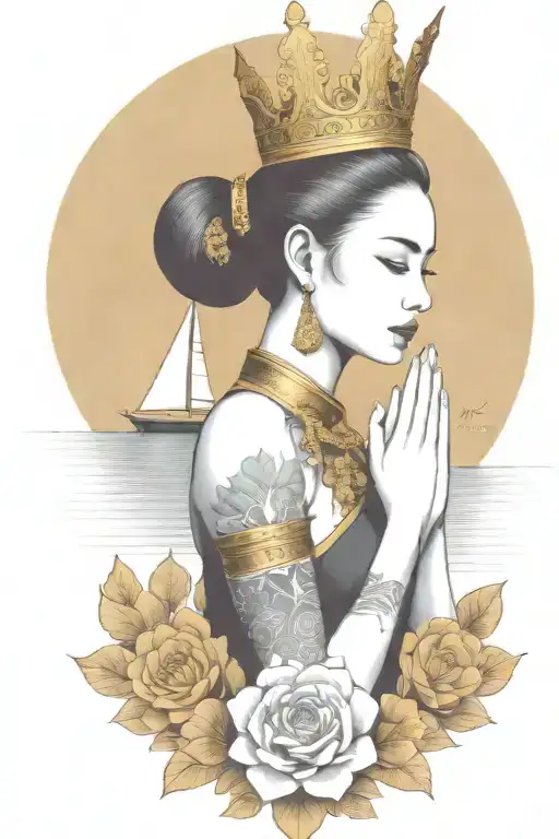 Praying Maiden Wearing Tall Gold Thai Headress Incorporate Sailboat In The Background