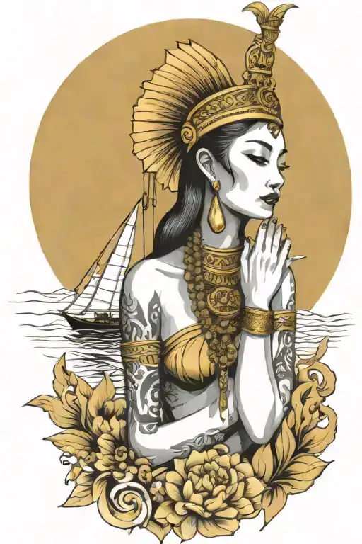 Praying Maiden Wearing Tall Gold Thai Headress Incorporate Sailboat In The Background