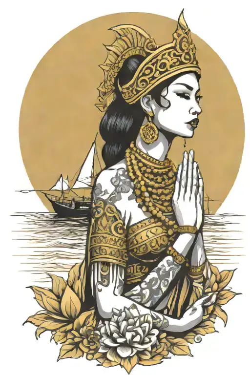 Praying Maiden Wearing Pointy Gold Thai Headress Incorporate Sailboat In The Background