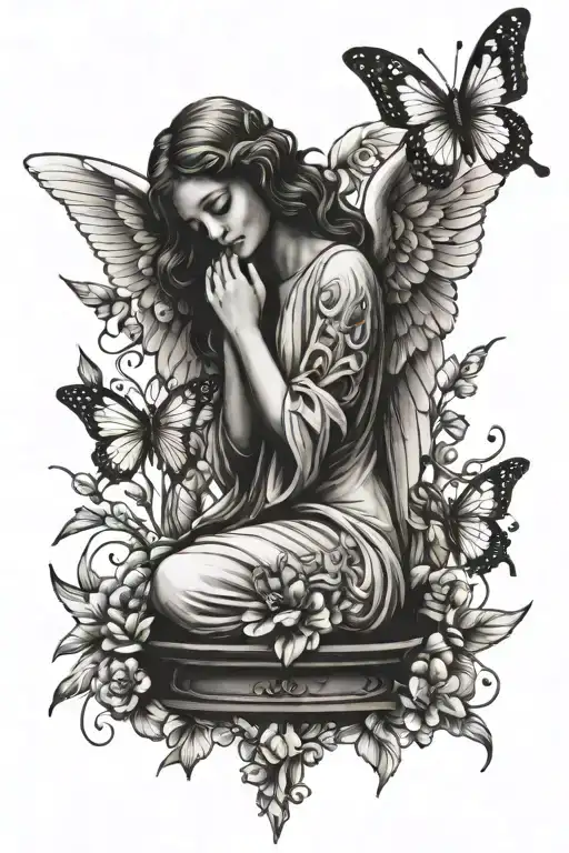 Angel Statue With Butterflies No Color