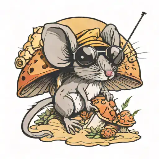 A Mouse Laying On The Stem Of A Mushroom That Is Laying On A Beach Both Wearing Sunglasses