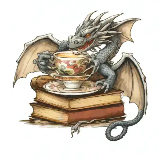 Dragon On A Book Stack Holding A Tea Cup With A Library Background