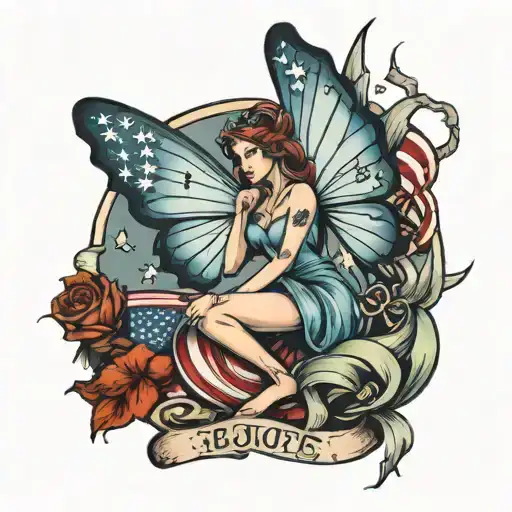 Fairy With Wings Holding A Us Flag Waving