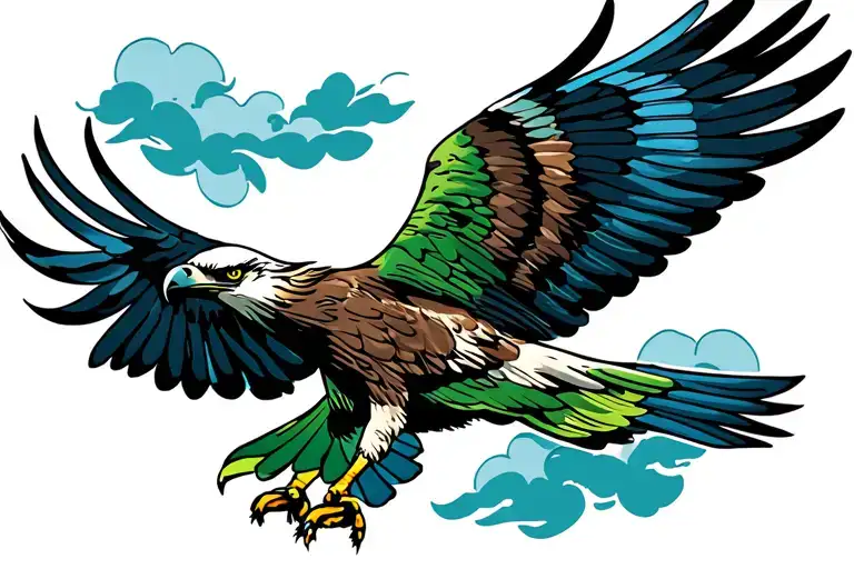 Osprey Hawk Swooping Green And Blue Colors With Clouds