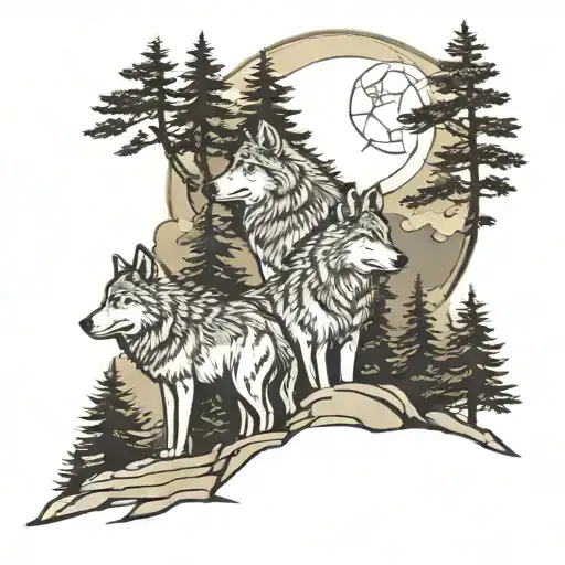 5 Wolfs Standing Side By Side With Moon Behind A Cliff With A Spruce Forest All Around The Cliff