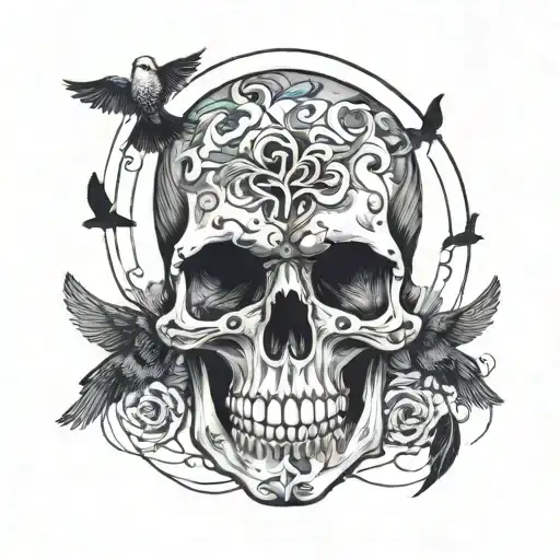 A Skull Surrounded By Black Birds With Suminagashi