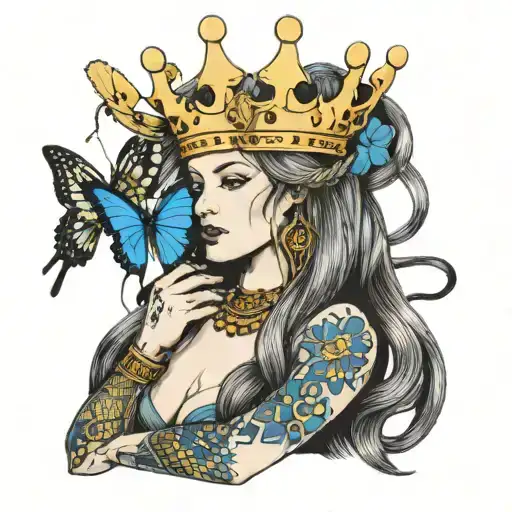 Long-haired Woman Wearing A Golden Crown With A Snake On Her Body And A Blue Butterfly On Her Hand