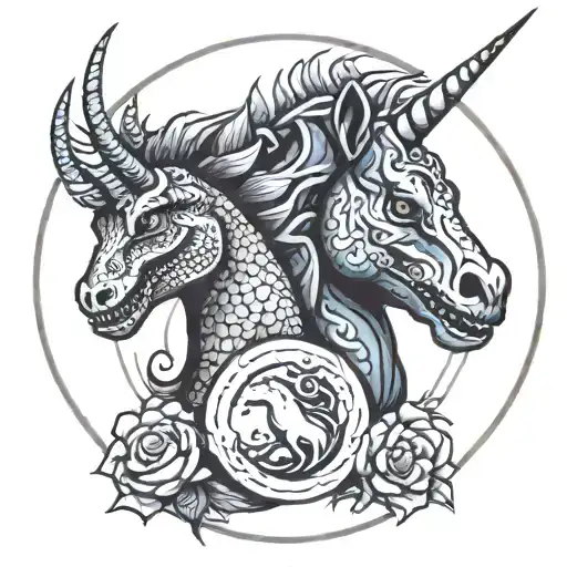 Circle With A Tryannosaurs Rex Head And A Unicorn