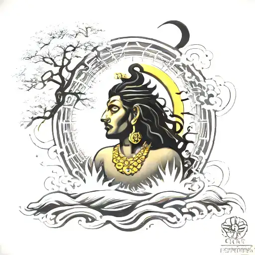 Shiv Adiyogi Under Waterfall And Full Moon Surrounded