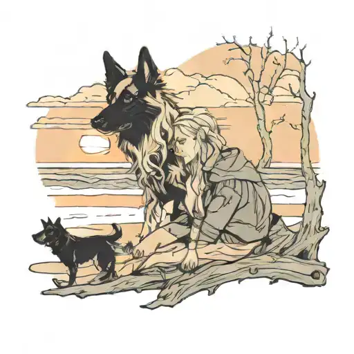 Young Long Blonded Haired Woman Wakling Mostly Black German Shepherd On Driftwood Beach At Sunset