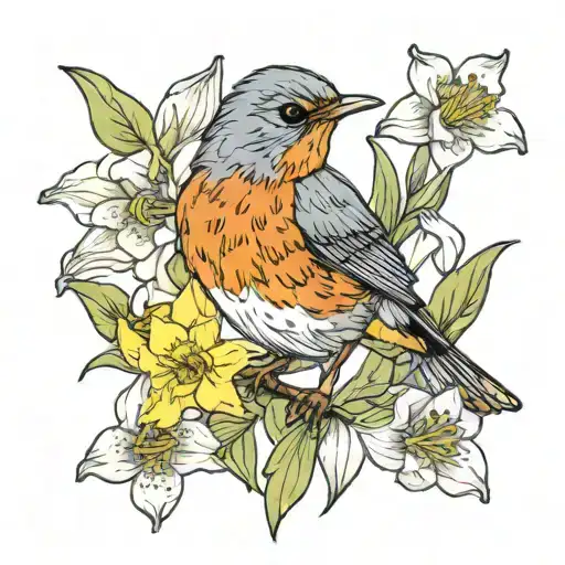 Robin In Daffodils Growing