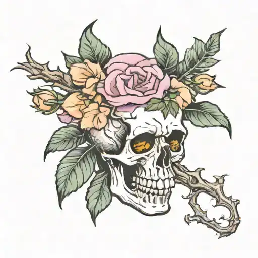 Skull And Rosea Flower Branch