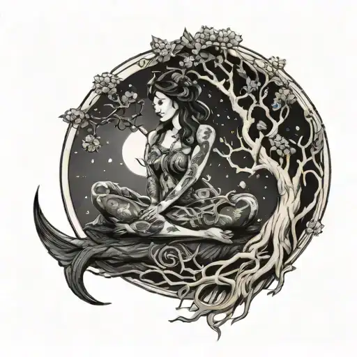Demon Moon Goddess Sitting Under The Tree Of Life Intertwined