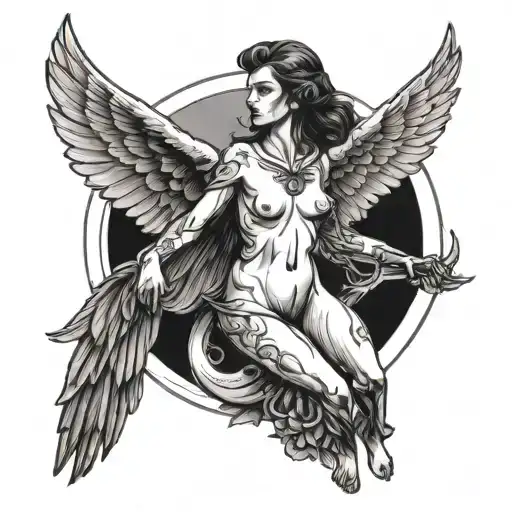 Nude Demonic Angel With Wings Like Blades Sitting Inside A Half Moon