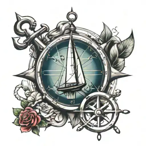 Anchor And Sailboat With Compass Rose Above It