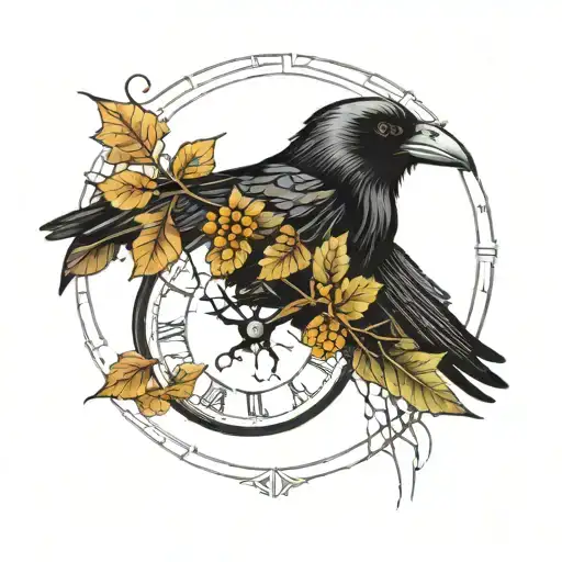 Raven With Clock And Leaves With Spider Webs