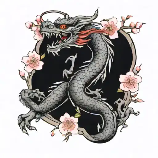 Japanese Dragon And Cherry Blossoms
