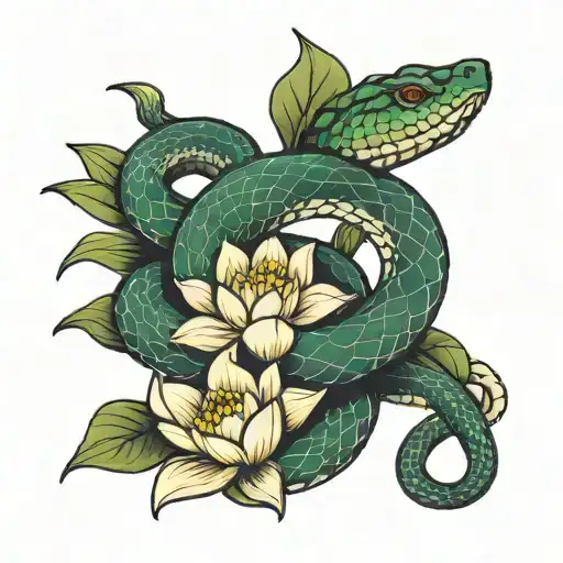 A Snake Wrapped Around Ankle Loosely With A Lotus Flower Blooming