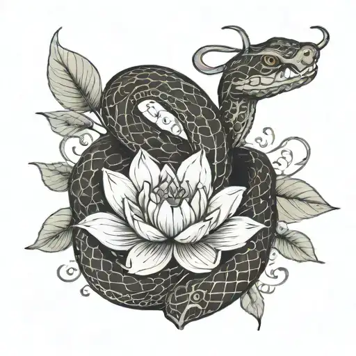 Ouroboro Snake Wrapped Around The Ankle Loosely With A Lotus Flower Blooming