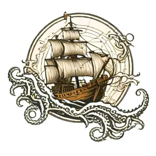 Kraken Attacking A Ship Circle Shape