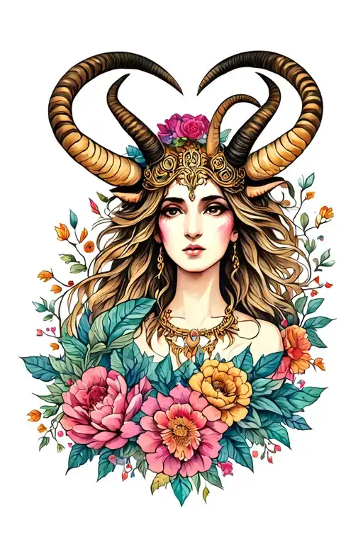 Capricorn Goddess Surrounded By Flowers
