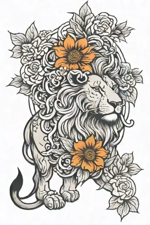 Lion With Flowers And Sun Setting