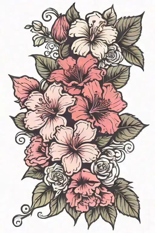 Rose And Carnation Hibiscus Red And Pink Tattoo Design