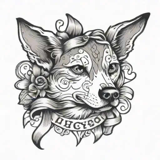 Dog Face Surrounded With A Ribon And The Name Lucy