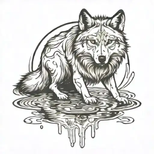 Wolf Looks In Puddle Seeing The Reflection
