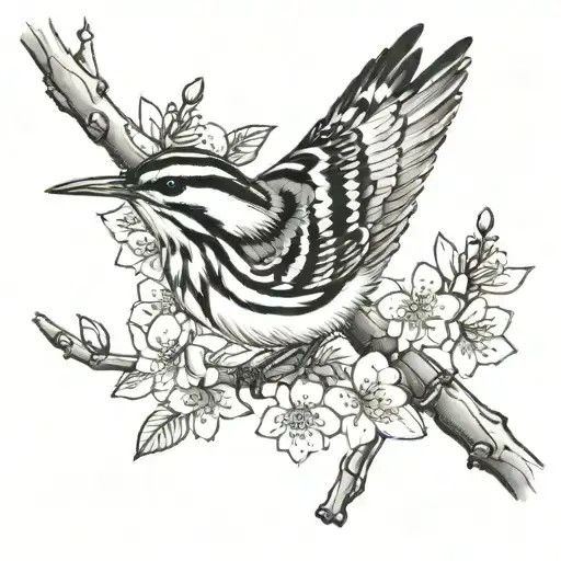 Black And White Warbler Upside Down On Snall Tree Branch With Cherry Blossoms