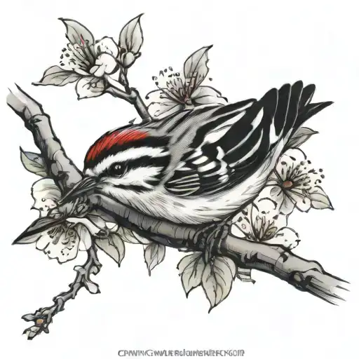 Black And White Warbler Upside Down On Small Tree Branch With Cherry Blossoms