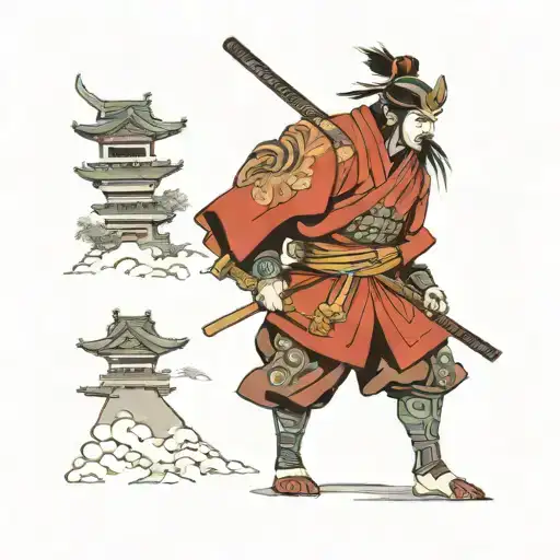 Japanese Temple With Samurai Warrior Wielding