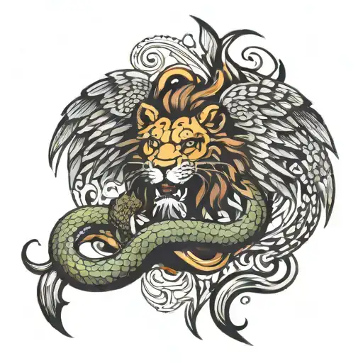 Half Evil Devil Wings With Snake And Half Arc Angle Wings With Lion