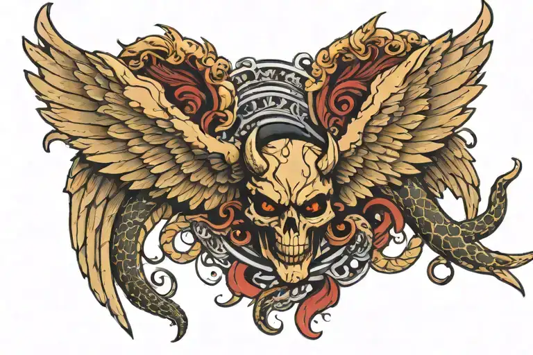 Half Evil Devil Wings With Snake And Half Arc Angle Wings