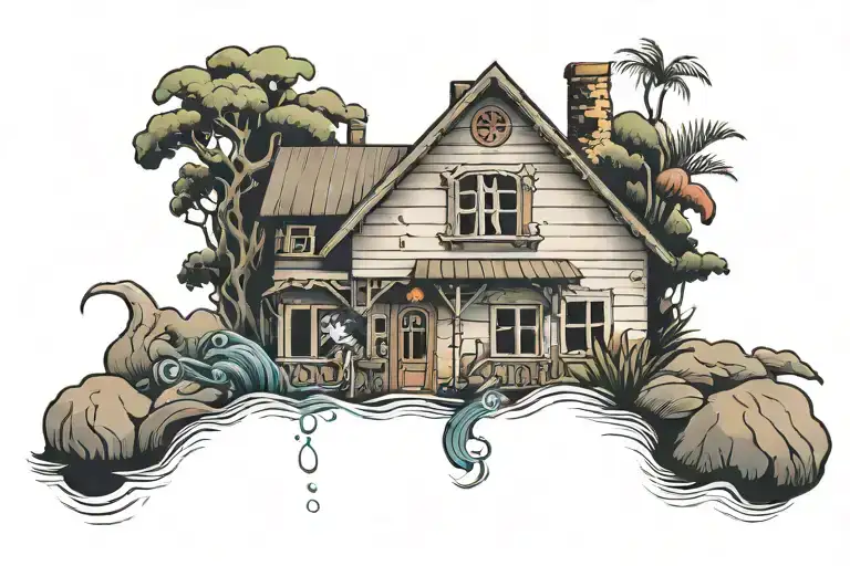 A House With A Little Girl Knocking On The Door Leading To The Ocean