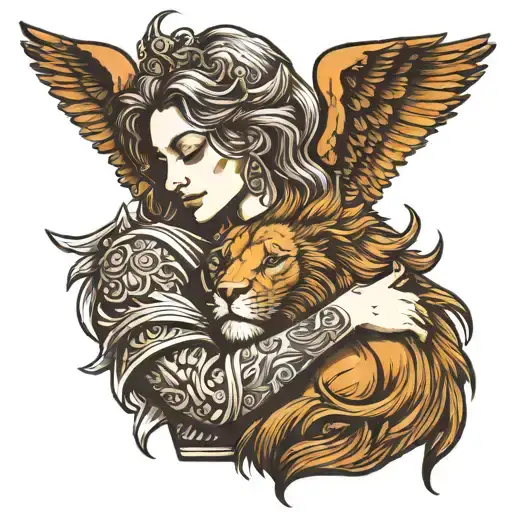 Angel Hugging A Lion Head