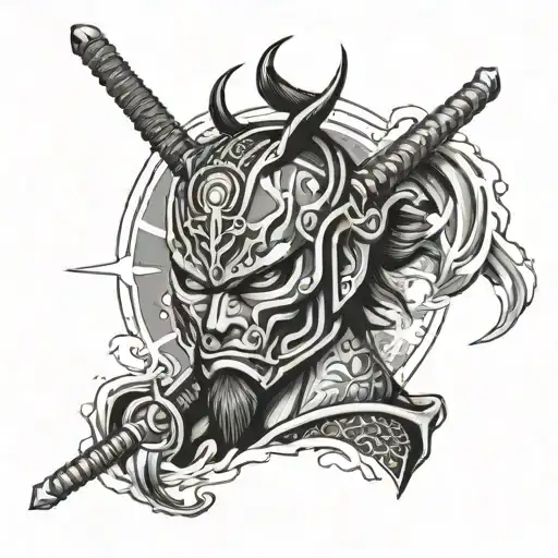 Half Sleeve Tattoo With Japanese Theme Warrior With Mask On Right Shoulder
