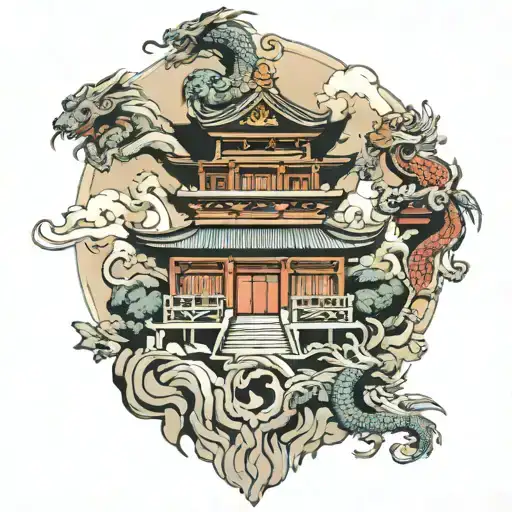 Japaneese Temple With Dragon And Lions