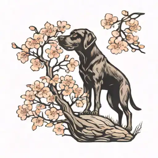 Black Lab Silhouette Under Cherry Blossom Tree