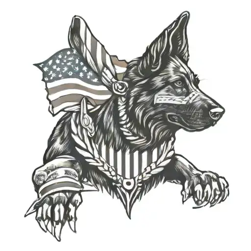 Black German Shepherd With American Flag Wrapped With Military Police Badge