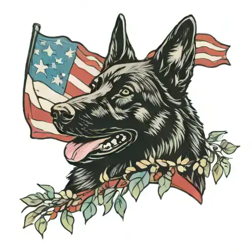 Black German Shepherd With American Flag With Eucalyptus Vines