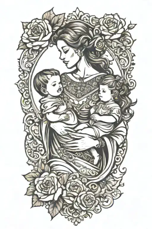 Mother With A Little Girl And Infant Baby Boy